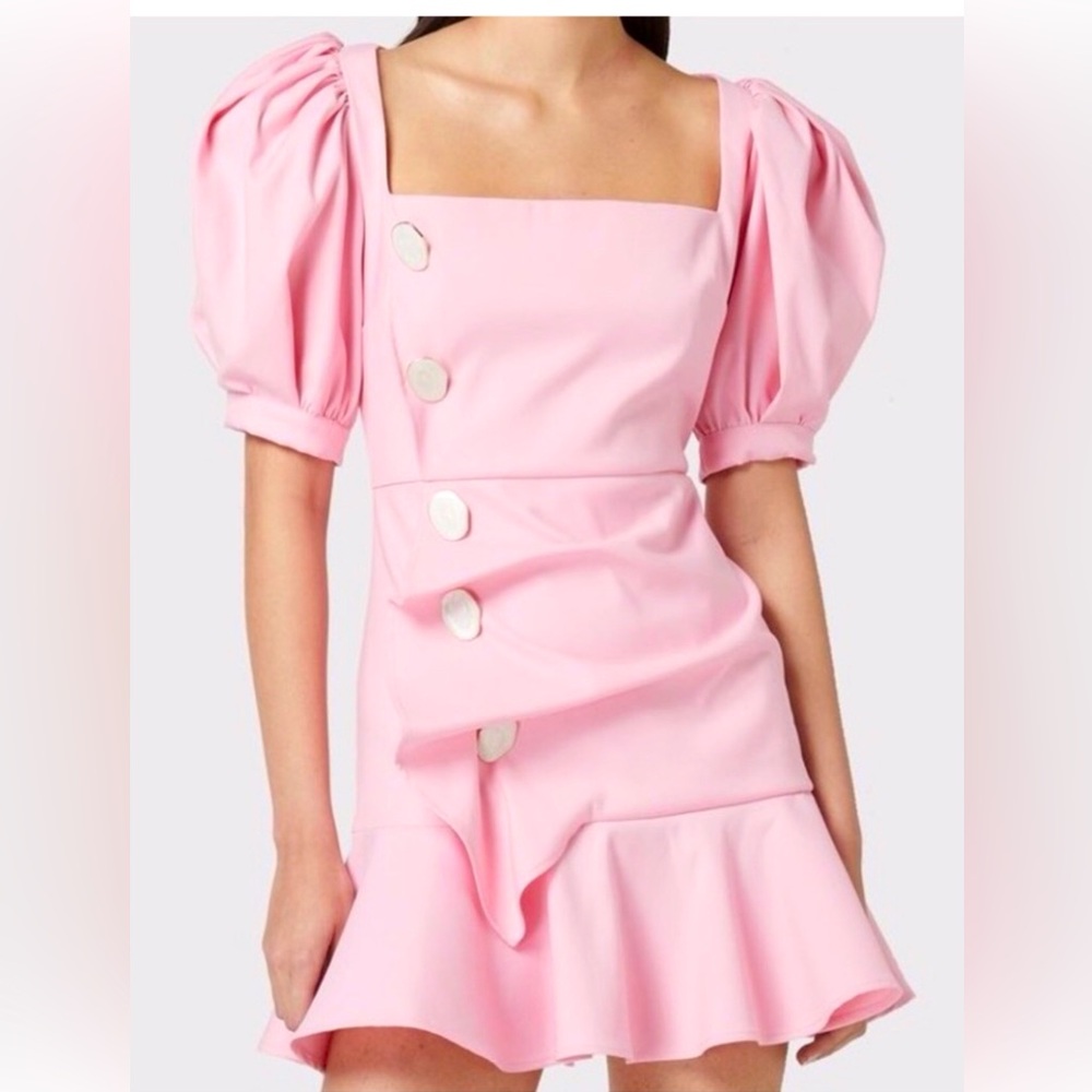 Atoir Pink Puff Sleeve Mini Dress with Button Detail